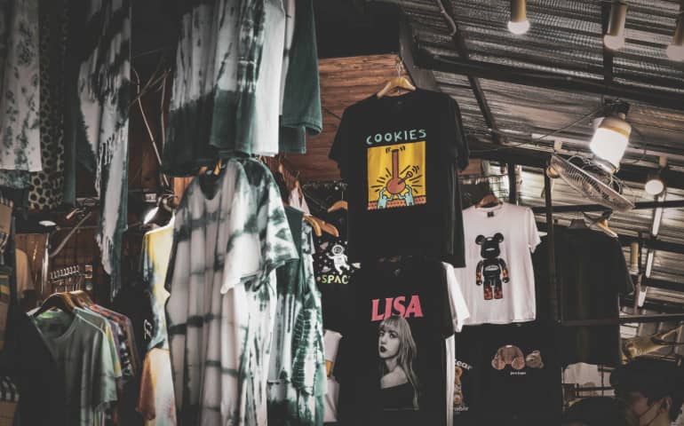 Tshirts hanging in a market