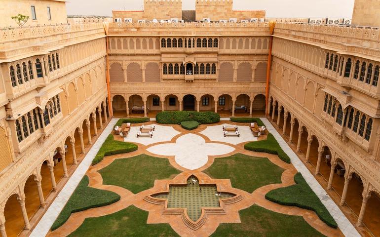 Aerial view of the elegant courtyard in Suryagarh Palace, Jaisalmer, Rajasthan.
Image Credit: Abhishek Navlakha/Pexels