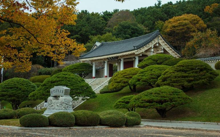 Korean temple surrounded by vibrant autumn trees.
Image Credit: Nezaket/Pexels