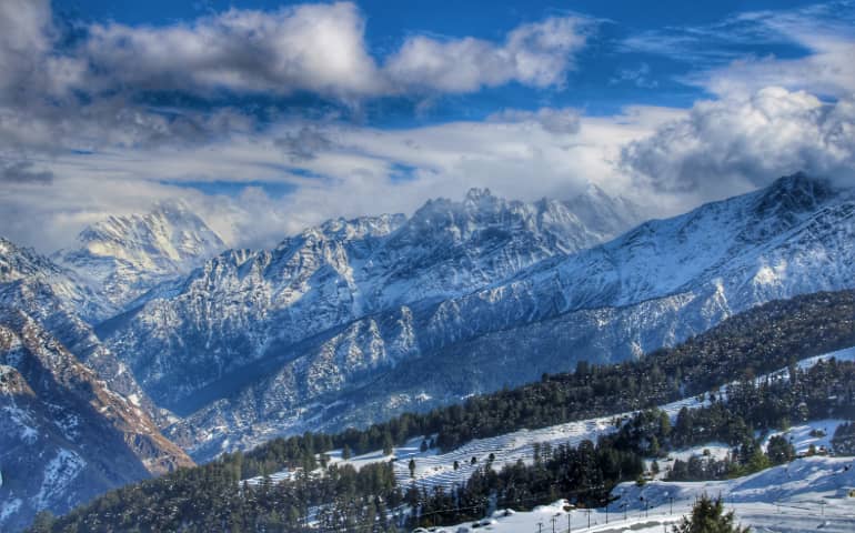 Snow covered mountains in Auli, Uttarakhand
