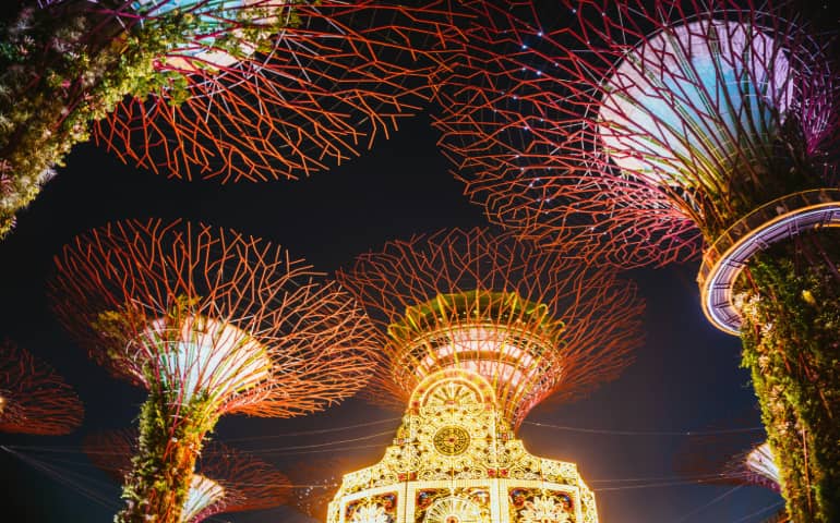 Views of Gardens by the Bay at night
