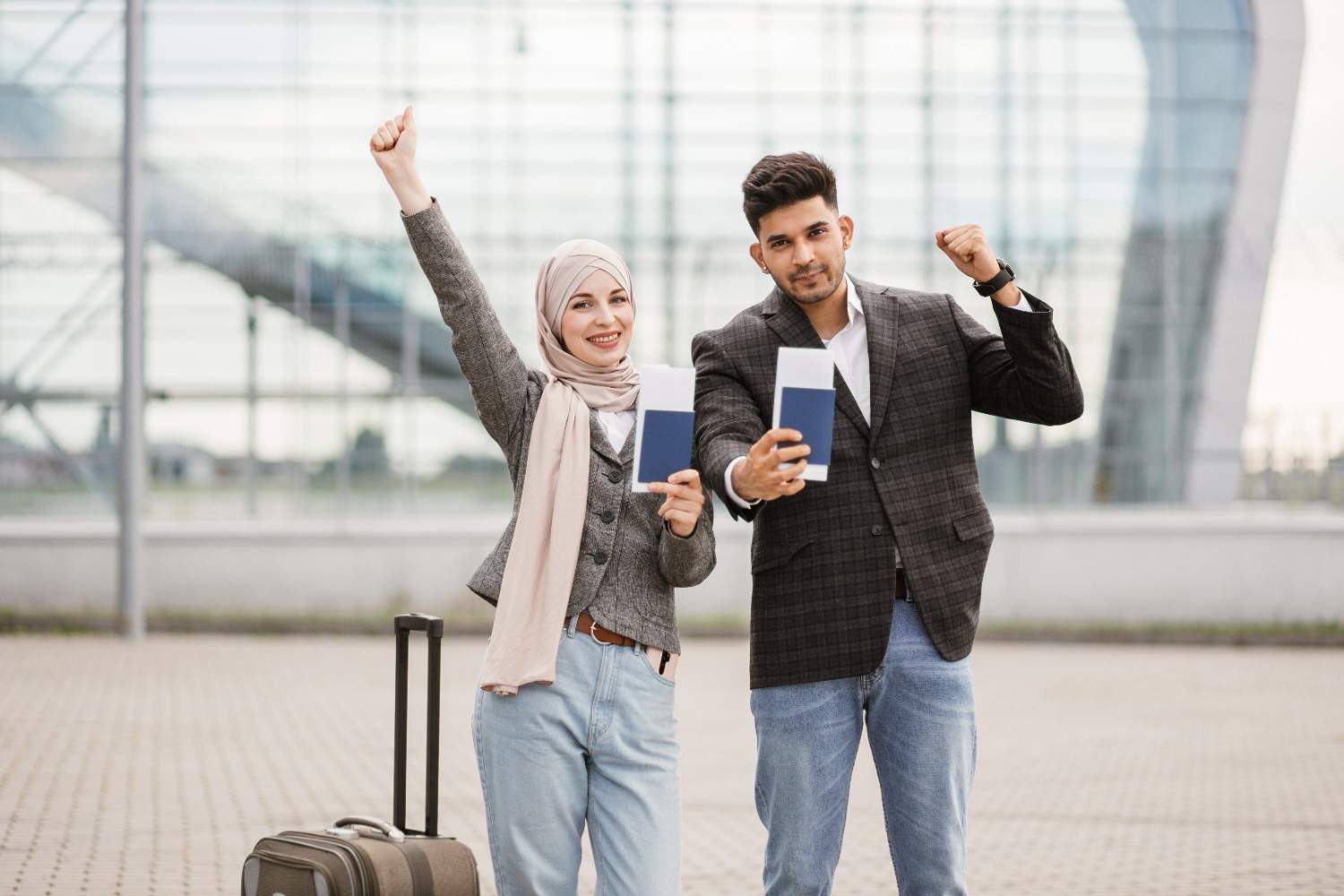 Tourists holding passports and flight tickets