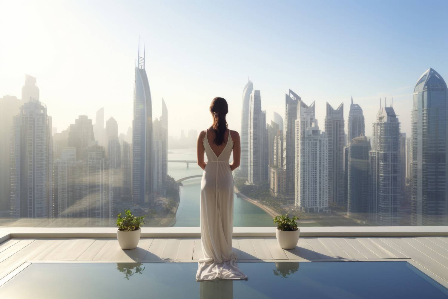 Traveller enjoying impressive views from a luxury hotel